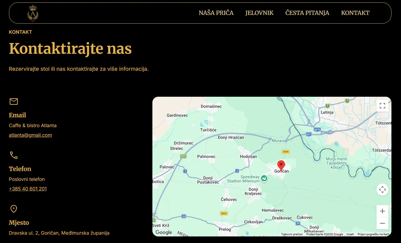 Contact page with email, phone, and address details for Caffe & bistro Atlanta on the left, and a Google map on the right showing a marker at Goričan, Croatia.