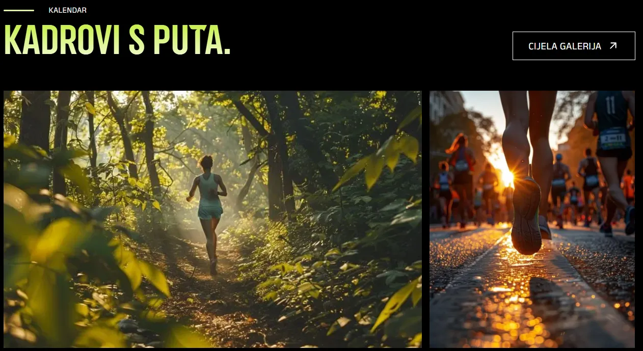 Website gallery section titled 'KADROVI S PUTA' showing two images: a person jogging on a forest trail with sunlight filtering through trees, and a close-up of runners' legs on a sunlit street during a race.