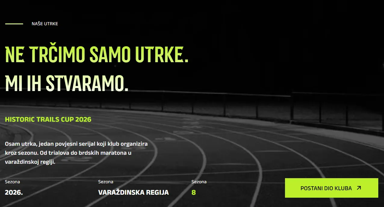 Night view of a curved outdoor running track with lanes marked, overlaid with Croatian text promoting the Historic Trails Cup 2026 running series in the Varaždin region, featuring a call-to-action button to join the club.