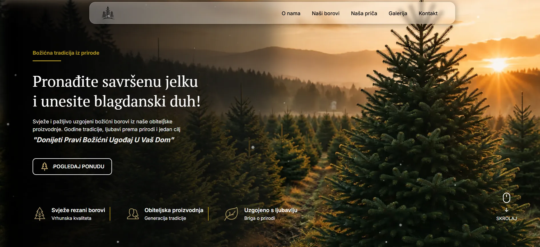 Sunset over a Christmas tree farm with rows of evergreen trees and mist in the background, alongside Croatian text promoting fresh, carefully grown Christmas trees from family production to bring a true Christmas spirit home, with navigation menu and a call-to-action button.