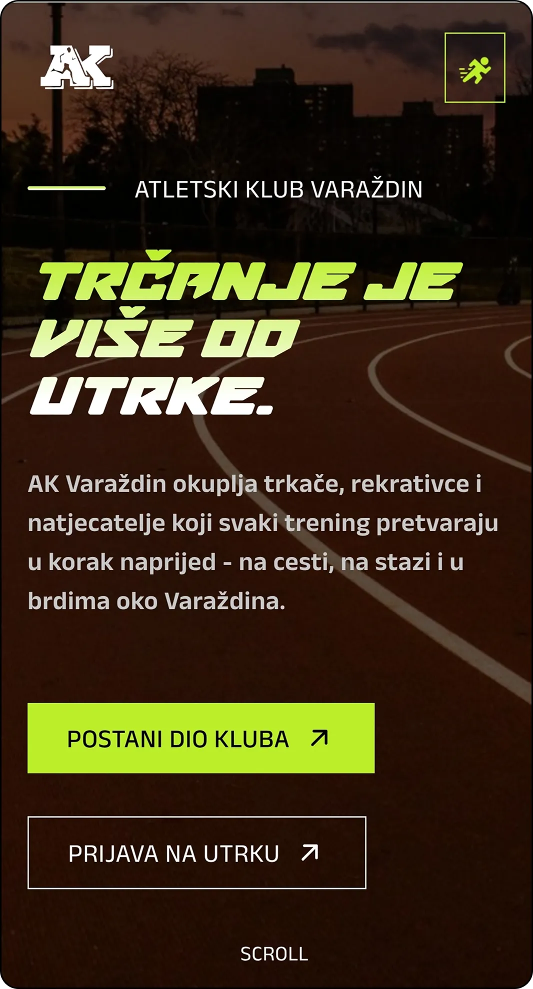 Mobile screen showing Atletksi Klub Varaždin running club page with track background and text inviting runners to join and register for races.